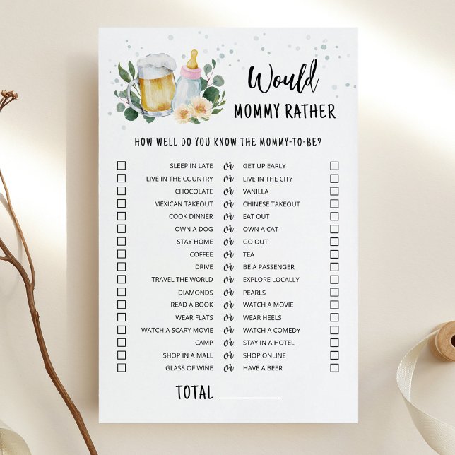 Baby Is Brewing Would Mummy Rather Game Pink (Greenery and Beer Baby Brewing Baby Shower Would Mommy Rather Game)