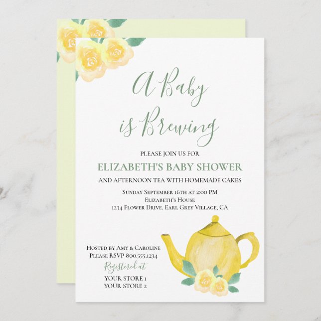 Baby is Brewing Yellow Teapot Baby Shower Invitation (Front/Back)