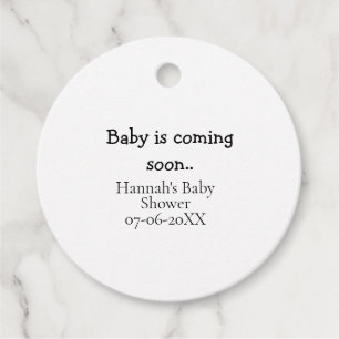 Baby is coming soon baby shower name date typewrit favour tags