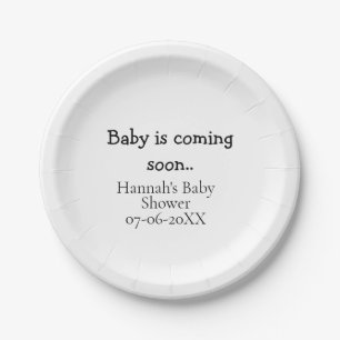 Baby is coming soon baby shower name date typewrit paper plate