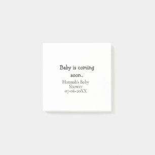 Baby is coming soon baby shower name date typewrit post-it notes
