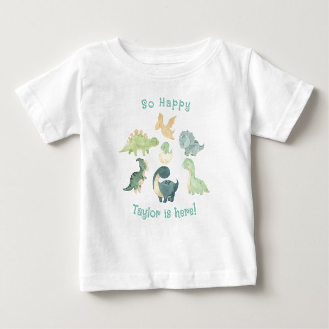 Baby Is Here! Cute Dinosaur Personalised Baby T-Shirt (Front)