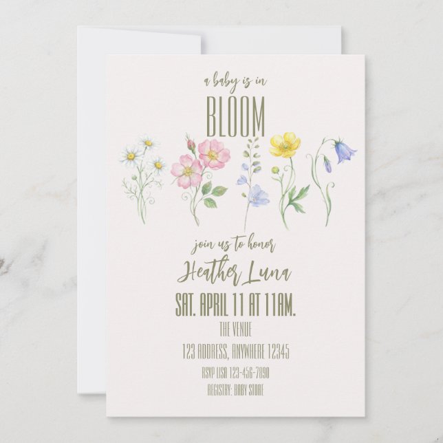 Baby is in Bloom, Single Flowers Baby Shower Invitation (Front)