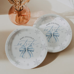 Baby It’s Cold Outside Blue Bow Winter Baby Shower Paper Plate