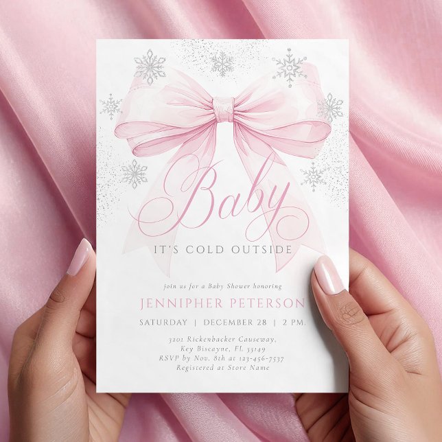Baby It’s Cold Outside Pink Bow Winter Baby Shower Invitation (Creator Uploaded)