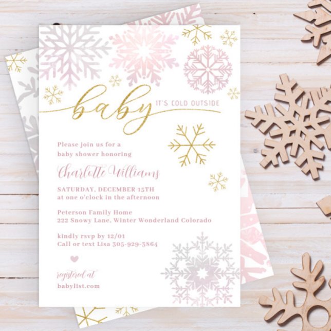Baby It’s Cold Outside Winter Shower Invite (Baby Girl Winter Shower Invitation in faux Glitter Gold and Blush Pink)