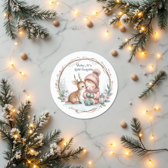 "Baby It’s Cold Outside" Winter Wonder Baby Shower Classic Round Sticker (Creator Uploaded)