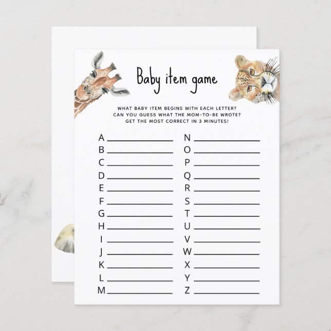 Baby item game - Safari animals baby shower  (Front/Back)