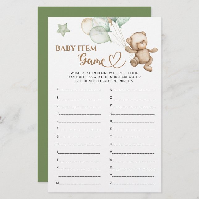Baby Item Game Teddy Bear Baby Shower (Front/Back)