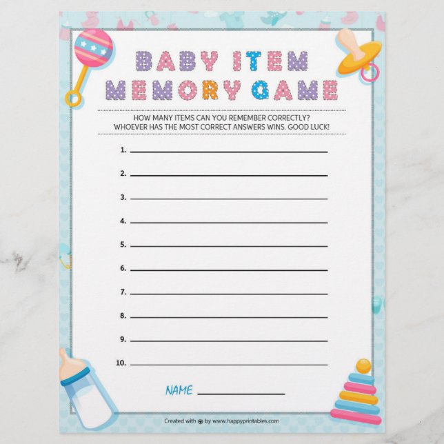 Baby Item Memory Game [Baby Basics Blue] Custom Letterhead (Front)