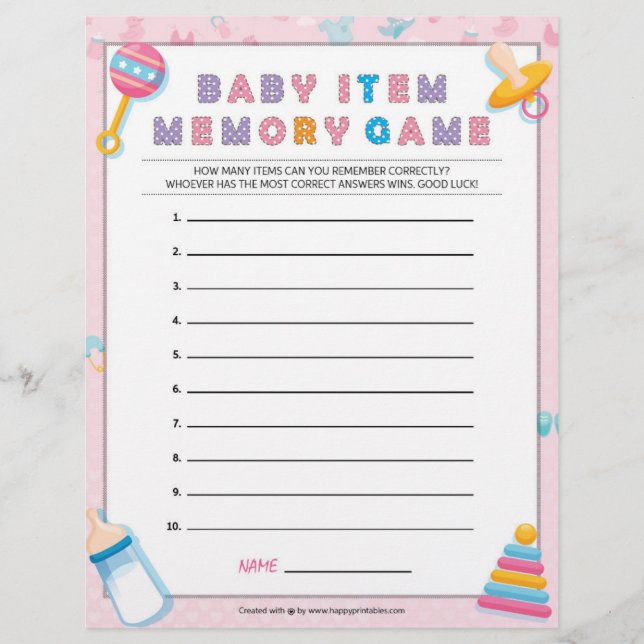 Baby Item Memory Game [Baby Basics Pink] Custom Letterhead (Front)