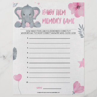 Baby Item Memory Game [Baby Elephant [Pink]] Custom Letterhead