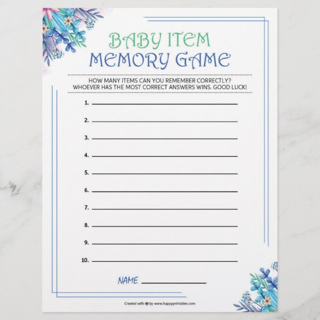 Baby Item Memory Game [Blue Floral] Custom Letterhead (Front)