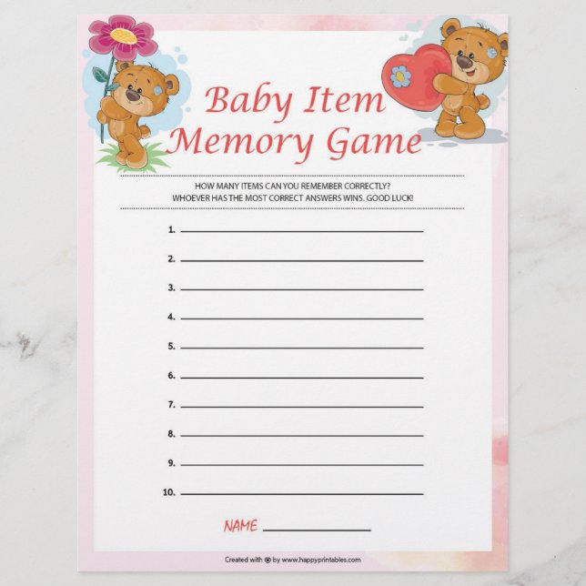 Baby Item Memory Game [Teddy Bears] Custom Letterhead (Front)