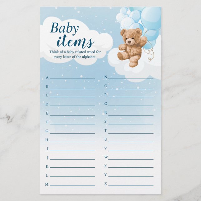 Baby Items Alphabet Blue Bear Baby Shower Game Flyer (Front)