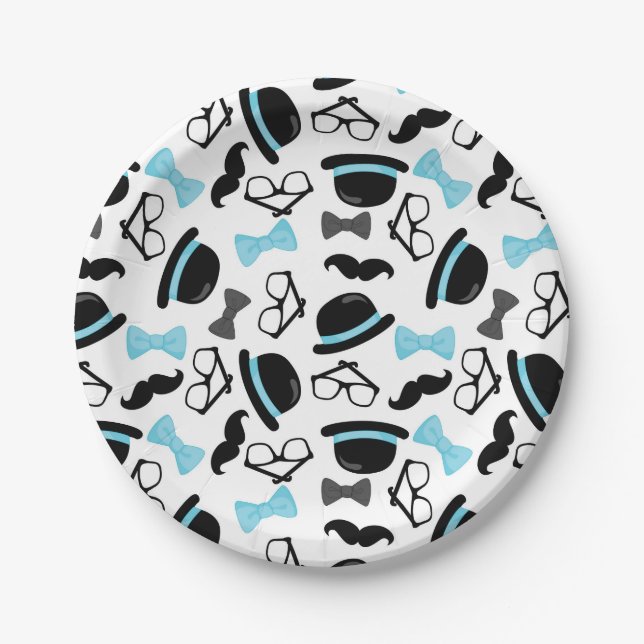 Baby It's a Boy Blue Moustache Little Man Paper Plate (Front)