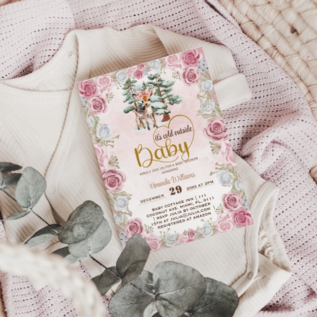 Baby It's cold Floral Deer Baby Girl Shower  Invitation (Creator Uploaded)