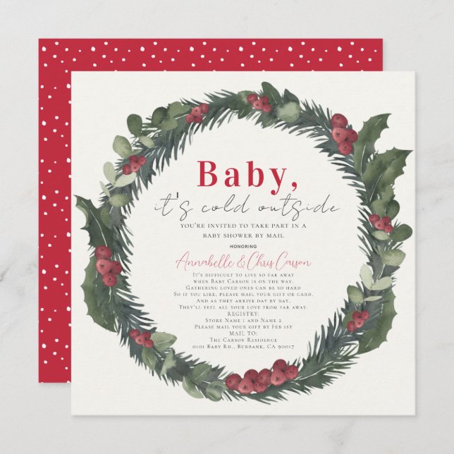 Baby It's Cold Holiday Wreath Baby Shower by Mail  Invitation (Front/Back)