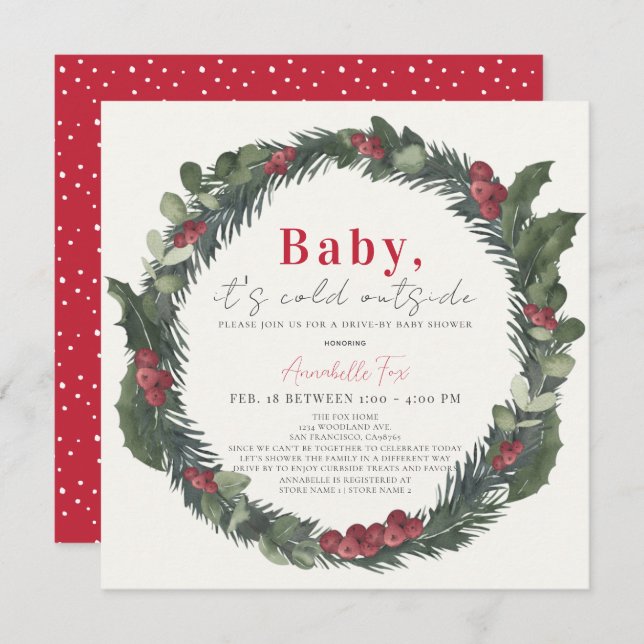 Baby It's Cold Holiday Wreath Drive-by Baby Shower Invitation (Front/Back)