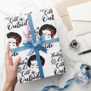 Baby It's Cold Outside Afro Woman Plaid Santa Hat  Wrapping Paper