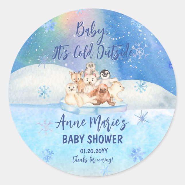 Baby It's Cold Outside Arctic Animals Baby Shower Classic Round Sticker (Front)