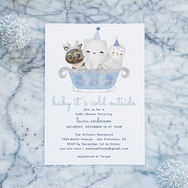 Baby It's Cold Outside Baby Shower Invitation (Winter Wonderland Baby It's cold Outside Card with blue watercolor animals. Image from freepik)
