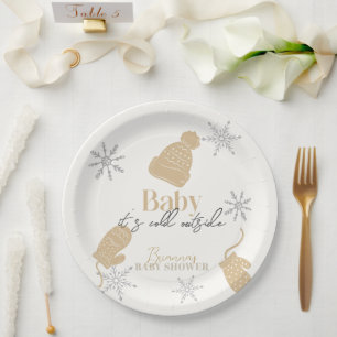 Baby It's Cold Outside Beig Beanie Baby Shower Paper Plate