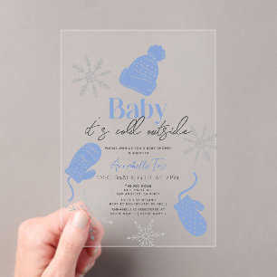 Baby It's Cold Outside Blue Beanie Boy Baby Shower Acrylic Invitations