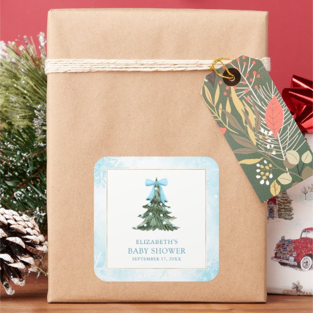 Baby It's Cold Outside Blue Bow Baby Shower Square Sticker (Holiday)
