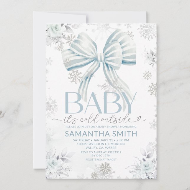 Baby It's Cold Outside Blue Bow Winter Baby Shower Invitation (Front)