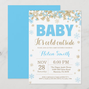 Baby its Cold Outside Blue Gold Boy Baby Shower Invitation