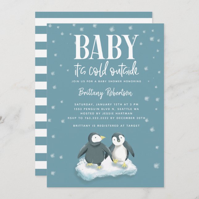 Baby Its Cold Outside Blue Penguins Baby Shower Invitation (Front/Back)