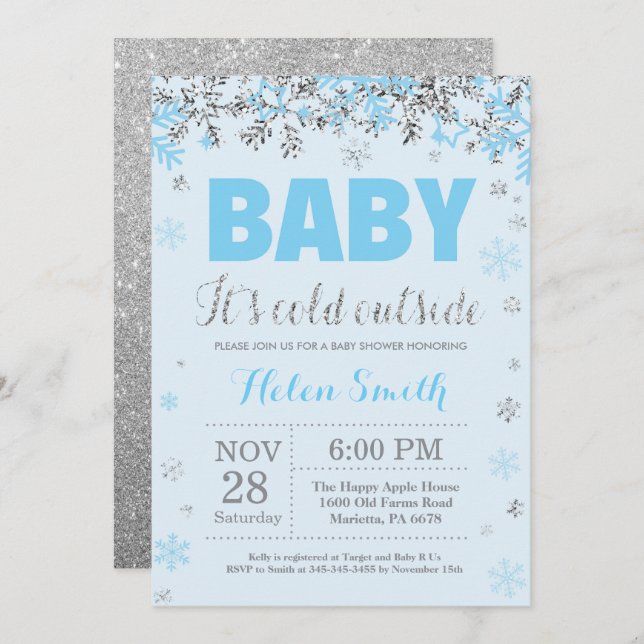 Baby its Cold Outside Blue Silver Boy Baby Shower Invitation (Front/Back)