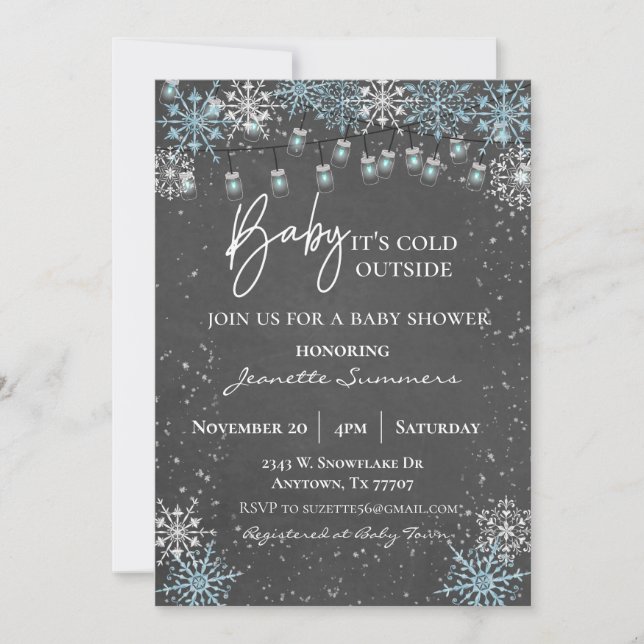 Baby It's Cold Outside Blue Snowflake Mason Jar Invitation (Front)
