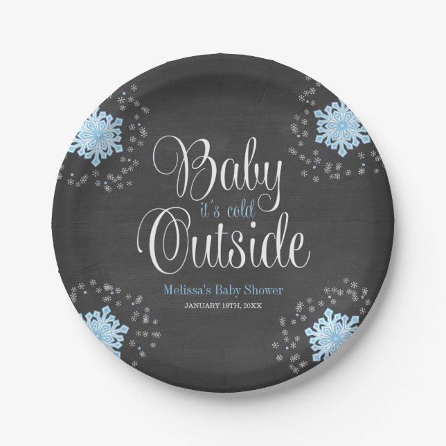 Baby It's Cold Outside Blue Snowflakes Baby Shower Paper Plate (Front)