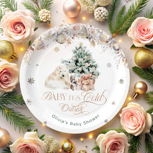 Baby its Cold Outside Blush Pink Baby Polar Bear Paper Plate
