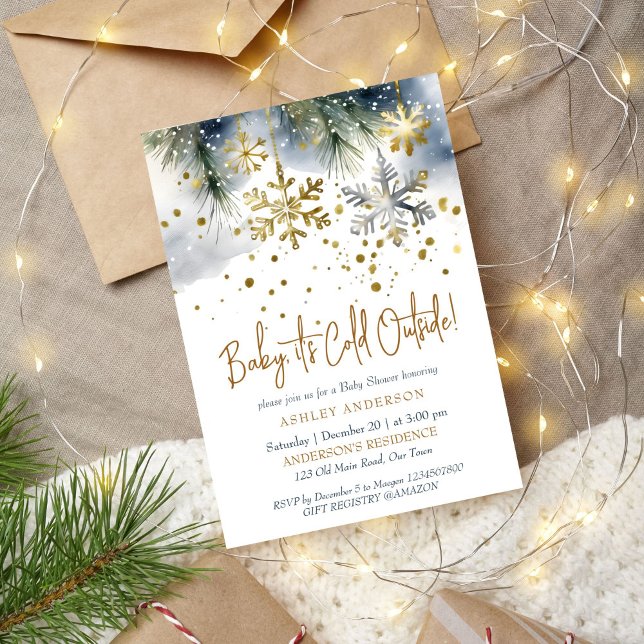 Baby it's cold outside boho winter baby shower invitation (Baby it's cold outside boho winter baby shower editable template invitation digital download gold)