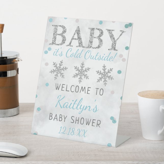 Baby It's Cold Outside Boys Winter Baby Shower Pedestal Sign (In SItu)