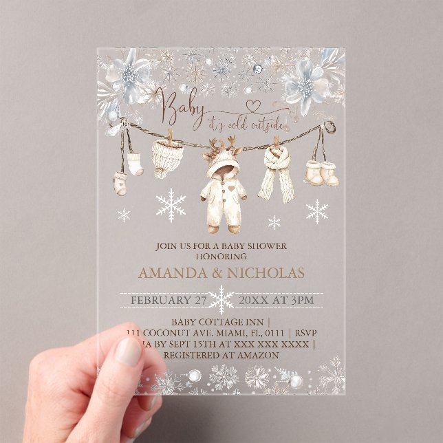 Baby It's Cold Outside Clothes Baby Shower Acrylic Invitations (Insitu (Handheld))