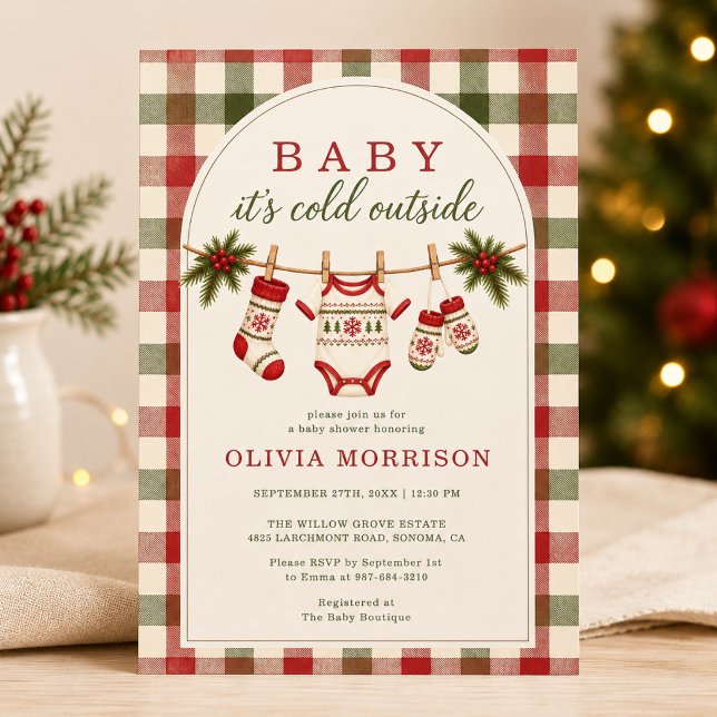 Baby It's Cold Outside Clothesline Gingham Shower Invitation (Creator Uploaded)
