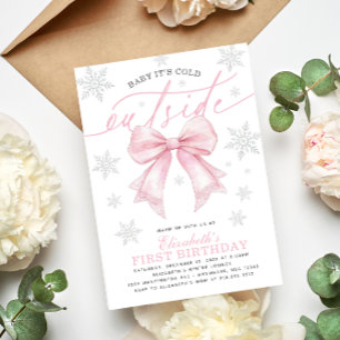 Baby Its Cold Outside Coquette Pink Bow Birthday Invitation