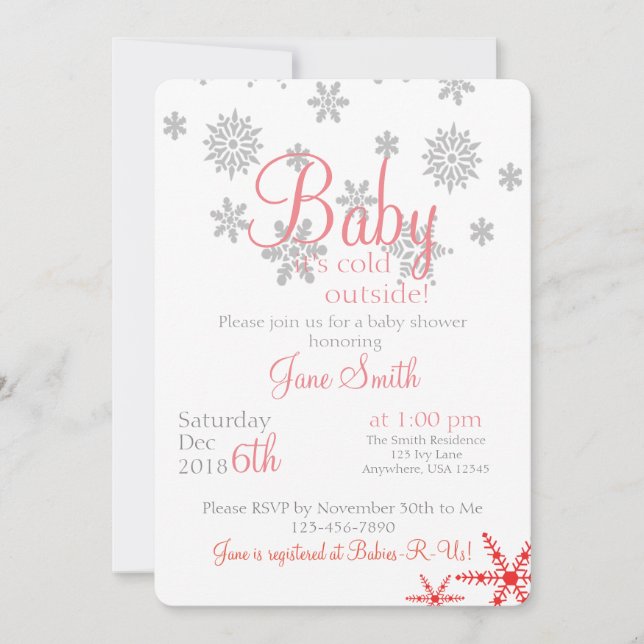 Baby its cold outside Coral Snowflake Invitation (Front)