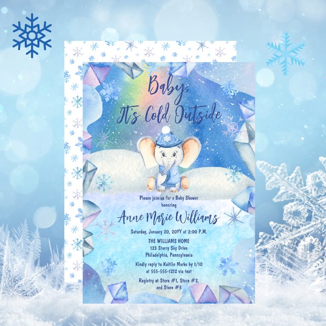 Baby It's Cold Outside Elephant Baby Shower  Invitation ("Baby, It's Cold Outside" Cute Elephant in Cap and Scarf Snowy and Icy Winter Baby Shower Invitation)