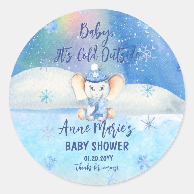 Baby It's Cold Outside Elephant Winter Baby Shower Classic Round Sticker (Front)