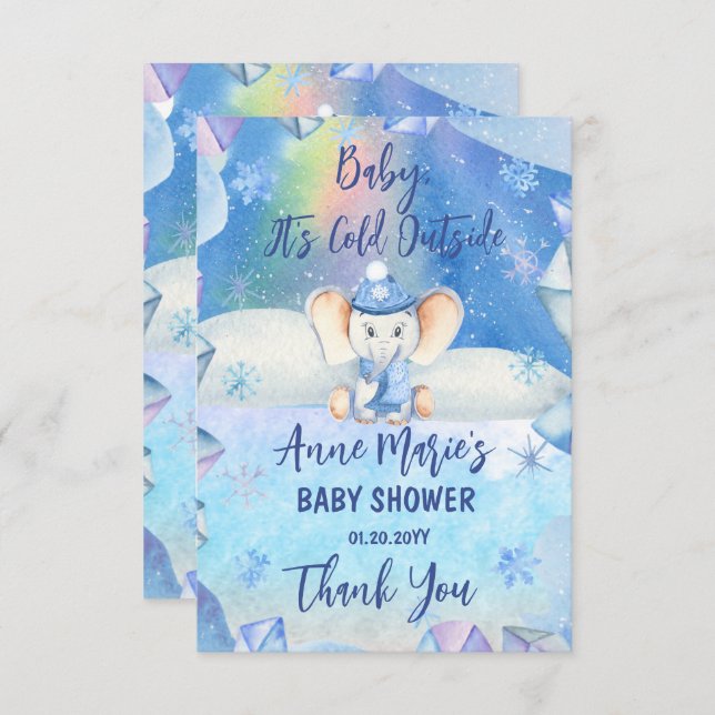 Baby It's Cold Outside Elephant Winter Baby Shower Thank You Card (Front/Back)