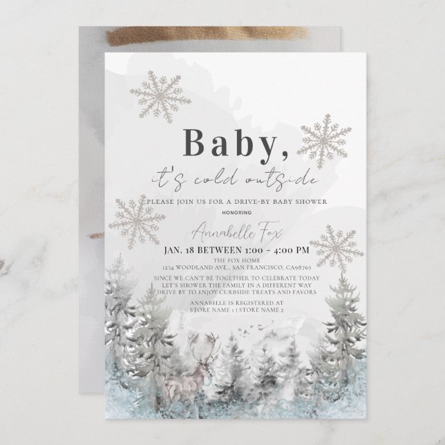 Baby It's Cold Outside Forest Drive-by Baby Shower Invitation (Front/Back)