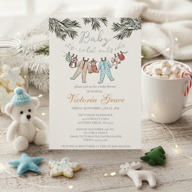 Baby It's Cold Outside Gender Neutral Baby Shower Invitation (Cute Baby It's Cold Outside Winter Baby Shower Invitations. Xmas Baby Pajamas, Stuffed Animals, Pine)
