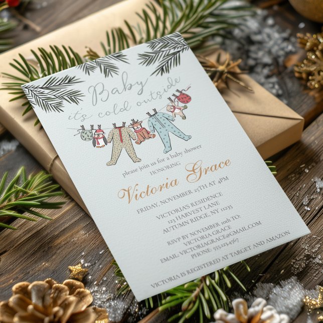 Baby It's Cold Outside Gender Neutral Baby Shower Invitation (Cute Baby It's Cold Outside Winter Baby Shower Invitations. Xmas Baby Pajamas, Stuffed Animals, Pine)