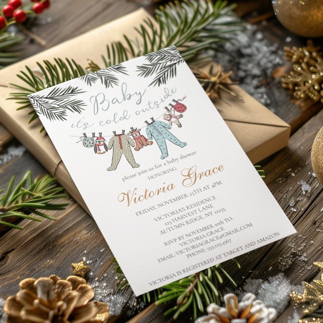 Baby It's Cold Outside Gender Neutral Baby Shower Invitation (Cute Baby It's Cold Outside Winter Baby Shower Invitations. Xmas Baby Pajamas, Stuffed Animals, Pine)