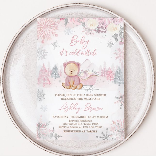 Baby Its Cold Outside Girl Bear Baby Shower  Invitation (Pink Winter Bear Baby Shower Invitation)